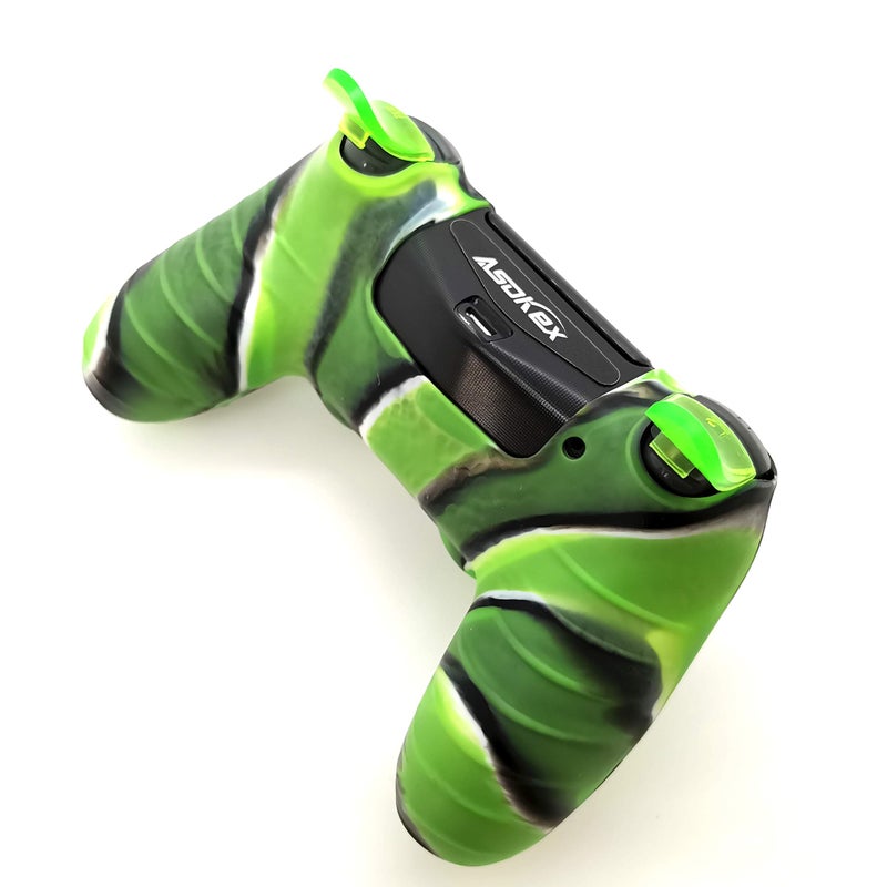 Asokex Silicone Skin Cover for Ps4 Controller (1pc Anti-Slip Case, 1 Pair L2 R2 Trigger Extender, 4pcs Thumb Grips,4pcs LED Light Bar Decal) Protector for DualShock PS4/ Slim/Pro Controller (Green granular) - Image 3